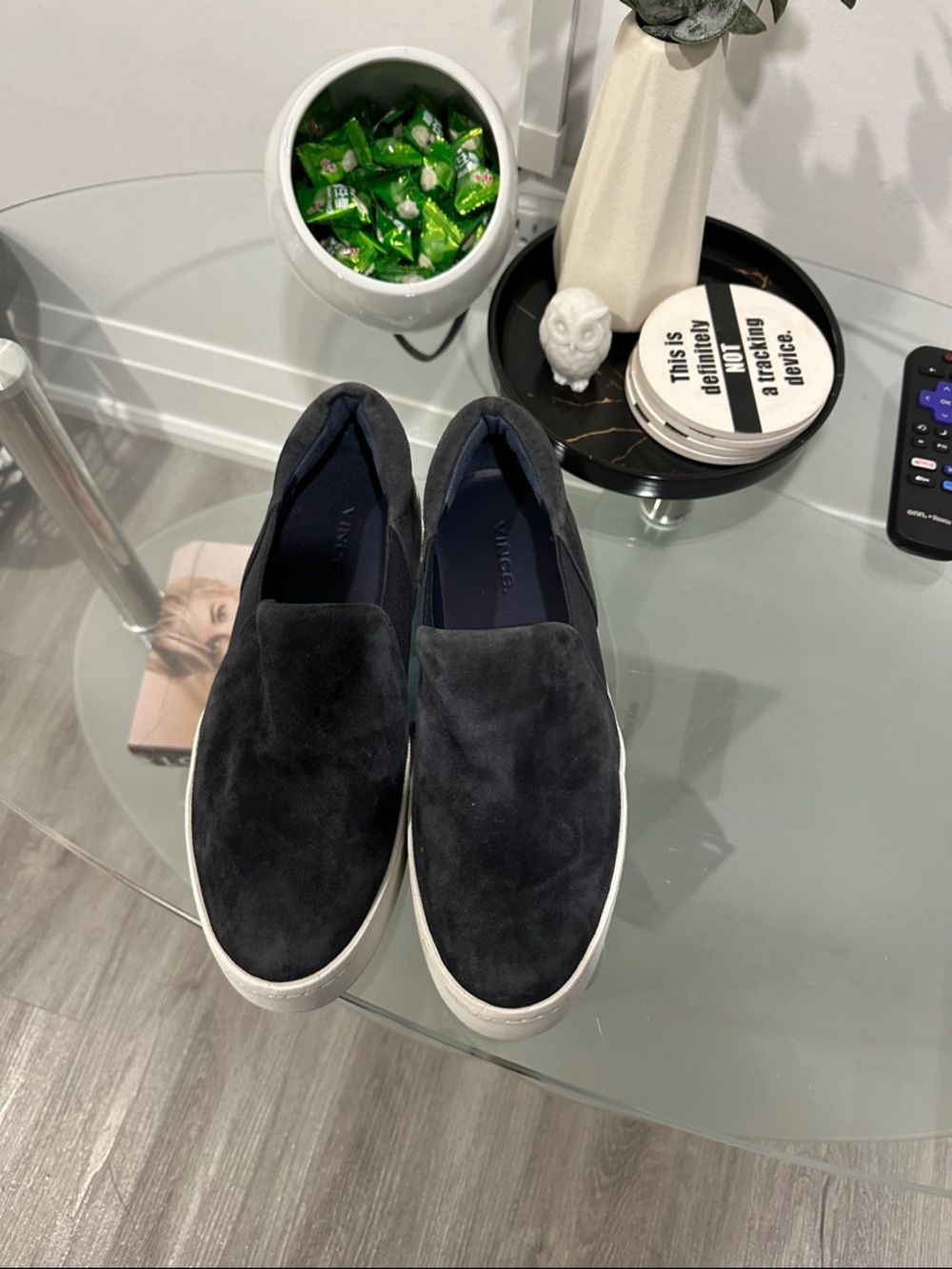 Vince Black Suede Slip-On Sneakers with White Sole
